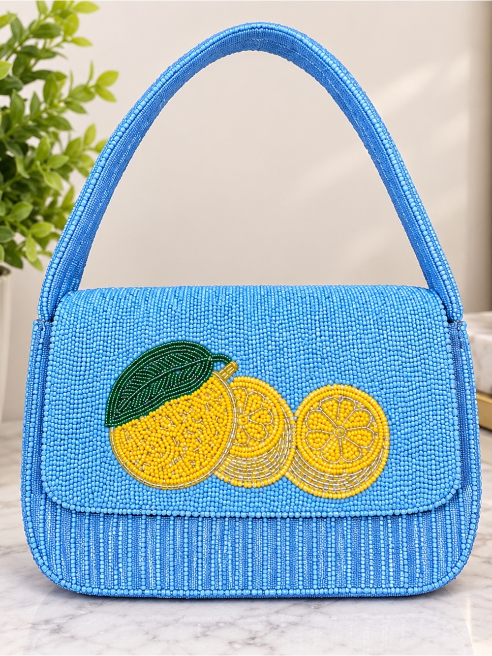Lemon Embellished Beaded Flap Shoulder Bag